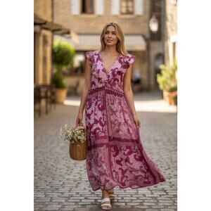 Banjanan Constance Ruffled Sleeve V-Neck Maxi Dress Pink‎ Pockets Size Medium
